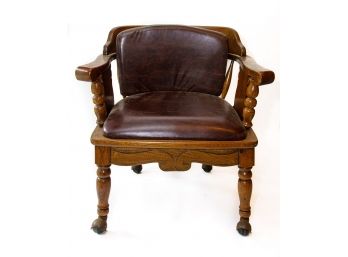 Vintage Carved Wooden Bankers - Office Chair With Caster Feet And Leather Seat & Back Cushions
