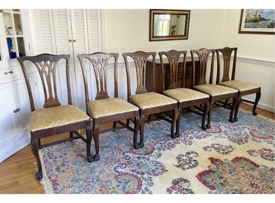 Vintage Tiger Oak Pierced Splatback Dining Chairs, Set Of 6