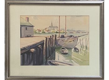 Vintage Boat At Dock Watercolor Print