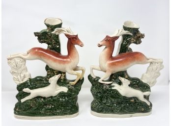 Antique Staffordshire Stag And Hound Pair Of Spill Vases