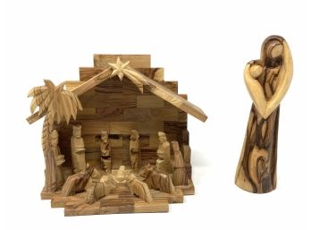 Carved Wooden Nativity And Carved Madonna And Child