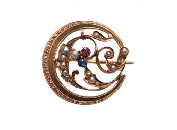 ANTIQUE 14K YELLOW GOLD PIN WITH SEED PEARLS, RUBY AND SAPPHIRE