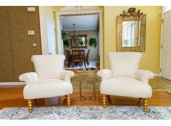 Pair Of Luxury Roll Arm Chairs W/Gilt Turned Front Legs, Welted Trim And Matching Silk Throw Pillows