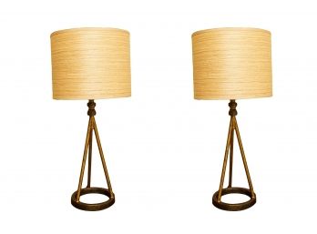 Pair Of Gilt Bronze Metal Table Lamps W/ Custom Silk Shades