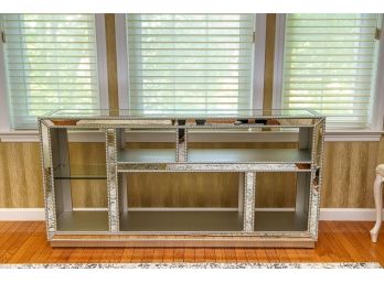 60”Mirror Fronted Console/Bookshelf With Beaded Trim