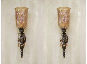 Brushed Bronze Finished Wall Sconces W/Iridescent Mosaic Glass