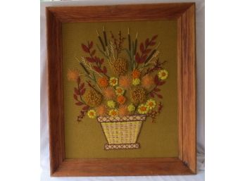 Oak Framed Crewel  Needlework 'Basket Of Flowers' Picture