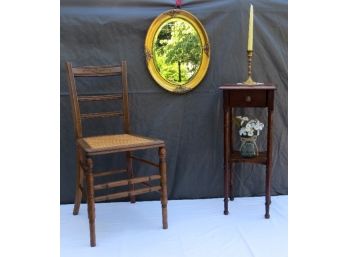 The Perfect Antique Bedroom Corner-Sitting Room Lot Wickered Chair, 1 Drawer Stand, Mirror, Candlestick & More