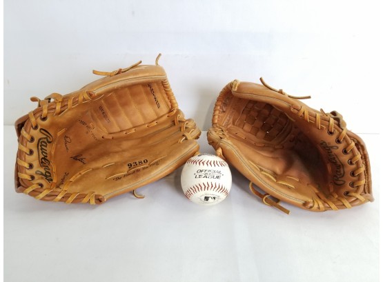 Two Rawlings Fastback Baseball Gloves & Baseball