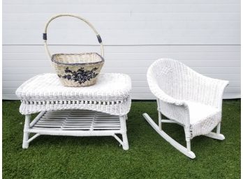 White Wicker Table, Chair & Basket