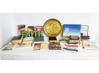 Nice Assortment Of Religious Items; Bibles, Brass Plate, DVD's Books & More...