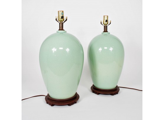 Pair Of Vintage Celadon Crackle Glaze Table Lamps
