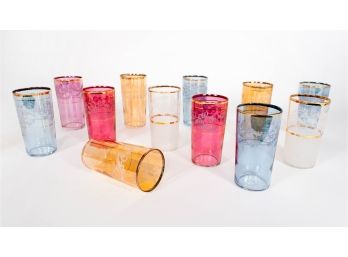 Jewel Tone Etched Juice Cocktail Glasses - Set Of 14