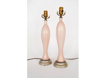 Pink And White Stripe Murano Glass Boudoir Lamps - A Pair