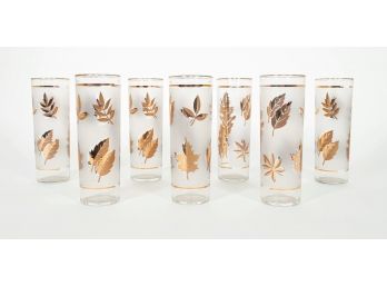 Mid Century Frosted White Gold Leaf Cocktail Glasses - Set Of 7