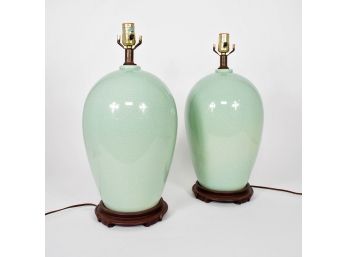 Pair Of Vintage Celadon Crackle Glaze Table Lamps