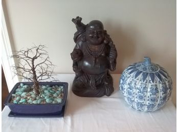 SELECTION OF THREE Asian-Influenced Items - BUDDHA, BLUE And WHITE JAR, And BONSAI!
