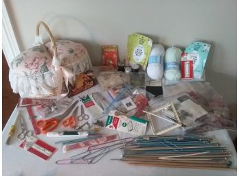 Sewing Basket And HUGE LOT OF KNITTING And SEWING ITEMS - Knitter's And Sewist's Delight!