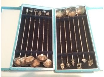 TWO Vintage Boxes Of Extra Long (for Iced Tea?) Delicate Asian STERLING SILVER Spoons