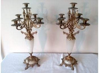 Pair Of Vintage Brass And Alabaster Candelabra. Classic Styling