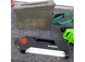 GARAGE LOT - Sprayer, Electric Blower, Light, Industrial Light, Old Ammo Box