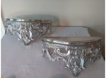 STUNNING Pair Of Rosamond Silver Finish Metal Wall Shelves. FANCY, ROCOCO Styling.