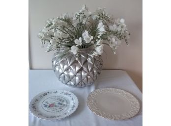 THREE DECORATIVE ITEMS!  Large Silver Toned 'PUFFY' Vase, Lenox Plate, China Plate.