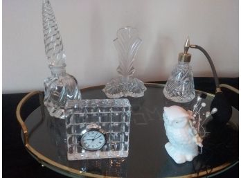 Elegant Glass Dresser Tray With Golden Metal Frame PLUS Waterford Clock, Crystal Perfume Bottles, More!