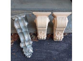 THREE CORBELS - TWO WOODEN, ONE COMPOSITE PAINTED METALLIC SILVER -   Fabulous Decorative Accents