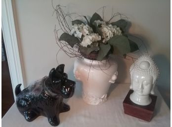 LOT Of THREE DECORATIVE ITEMS - Scottie Vase, Ceramic Vase, Bust Of Goddess - Must Look!