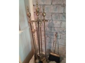 Set Of Heavy Brass Fireplace Tools With Red Wood Bellows And Extra Brush.