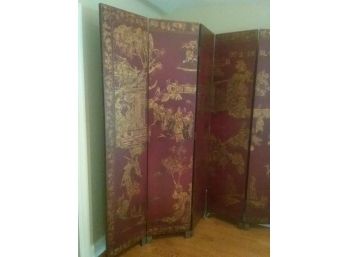 SIX PANEL STANDING SCREEN - Chinese Design - Dark Red Background With Gold And Black Highlights