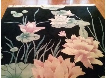 Large Floral Chinese Carpet - LUSH PILE, WATER LILY MOTIF - Pink And Green On Black