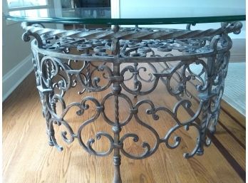 FANCY IRON ROUND COFFEE TABLE  - Beveled Glass Top