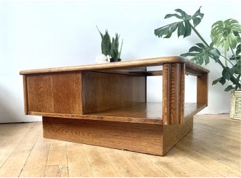 Mid Century Sleek Wood Coffee Table With Smoked Glass -