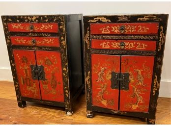 Vintage Oriental Lacquer Side Table Pair