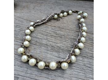 Vintage Pearl, Rhinestone, Fabric Necklace