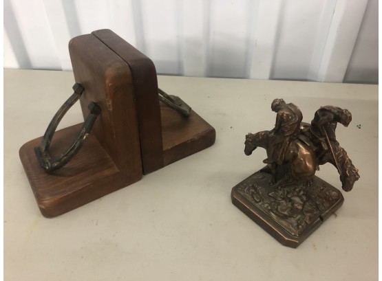 Vintage Lot Of 2 Pair Bronze Bookends -Ronson Sleepy Cowboy & Cornwall Wood Metal Horseshoes Made In USA