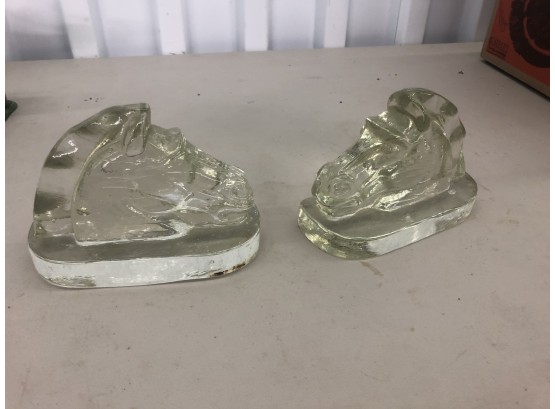 BEAUTIFUL 1920s-1930s ART DECO STYLE CLEAR HEAVY GLASS HORSE HEAD BOOKENDS NICELY SCULPTED