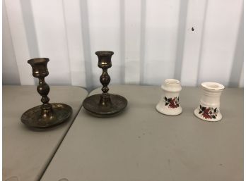 Lot 2 Pairs Of Candleholders - One Set Bronze - One  Set Ceramic