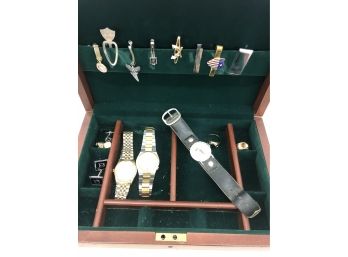 Vintage 1960s-80s Men's Jewelry Box Filled - Rings - Watches - Tie Clips - Tie Pins