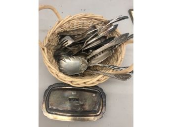 Lot Of Vintage Silver Like Butter Tray And Flatware With Makers Marks On Most
