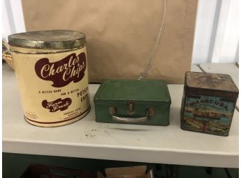 Lot Of 3 Vintage 1930s-1960s - Maracuba Tin Tobacco Can - Charles Potato Chip Can - Lunchbox