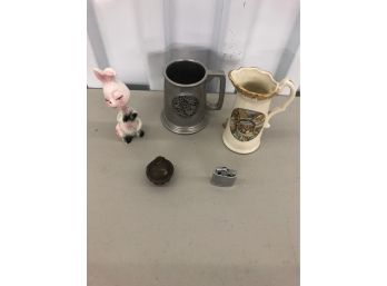 Lot Of Vintage Items - 1960s Ronson Lighter - Made In Japan Bunny Rabbit - Pewter Ale Stein - Brass Bell -
