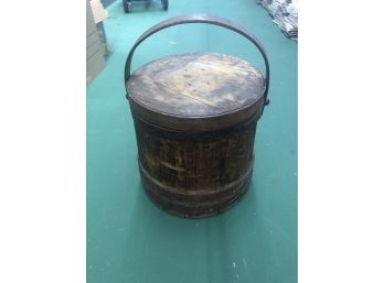Vintage Primitive Wooden Firkin 15' Sugar Bucket W/Handle & Lid Farmhouse Decor