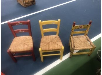 3 Beautiful Antique Child Size Wood Wicker Rush Seat Folk Art Kids Doll Chairs - Red - Yellow Beautiful