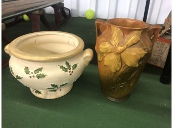 Lot Of Vintage Vases - Lovely Roseville Clematis Pottery Vase, Marked 105-7 & FTD Round Thailand