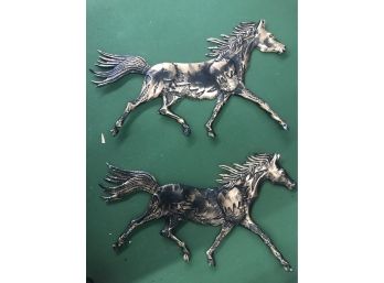 Vintage Lot Of 2 Tin Wall Hanging Stallions/Horses Running 18' Length