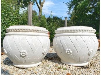 Set Of 2 White Ceramic Planters, Made In Italy