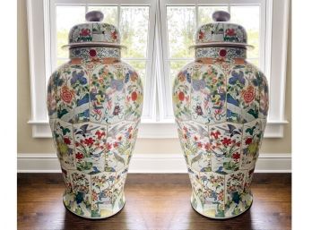Pair Of Oversized Chinese Import Hand Painted Porcelain Urns